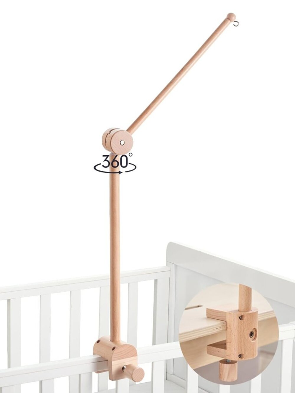 Crib Mobile Arm - Rotating Baby Mobile Hanger, Natural Beech Wood, Mobile Stand